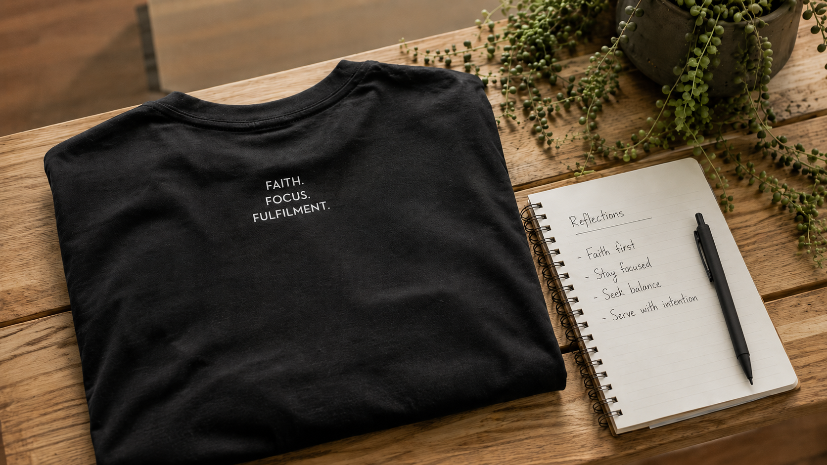 A folded black crewneck t-shirt with the words 'FAITH. FOCUS. FULFILMENT' printed in white on the back, styled on a wooden bench next to an open notebook and pen.