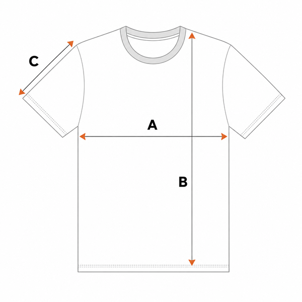 Measurement chart for a t-shirt with labelled dimensions on a white background.