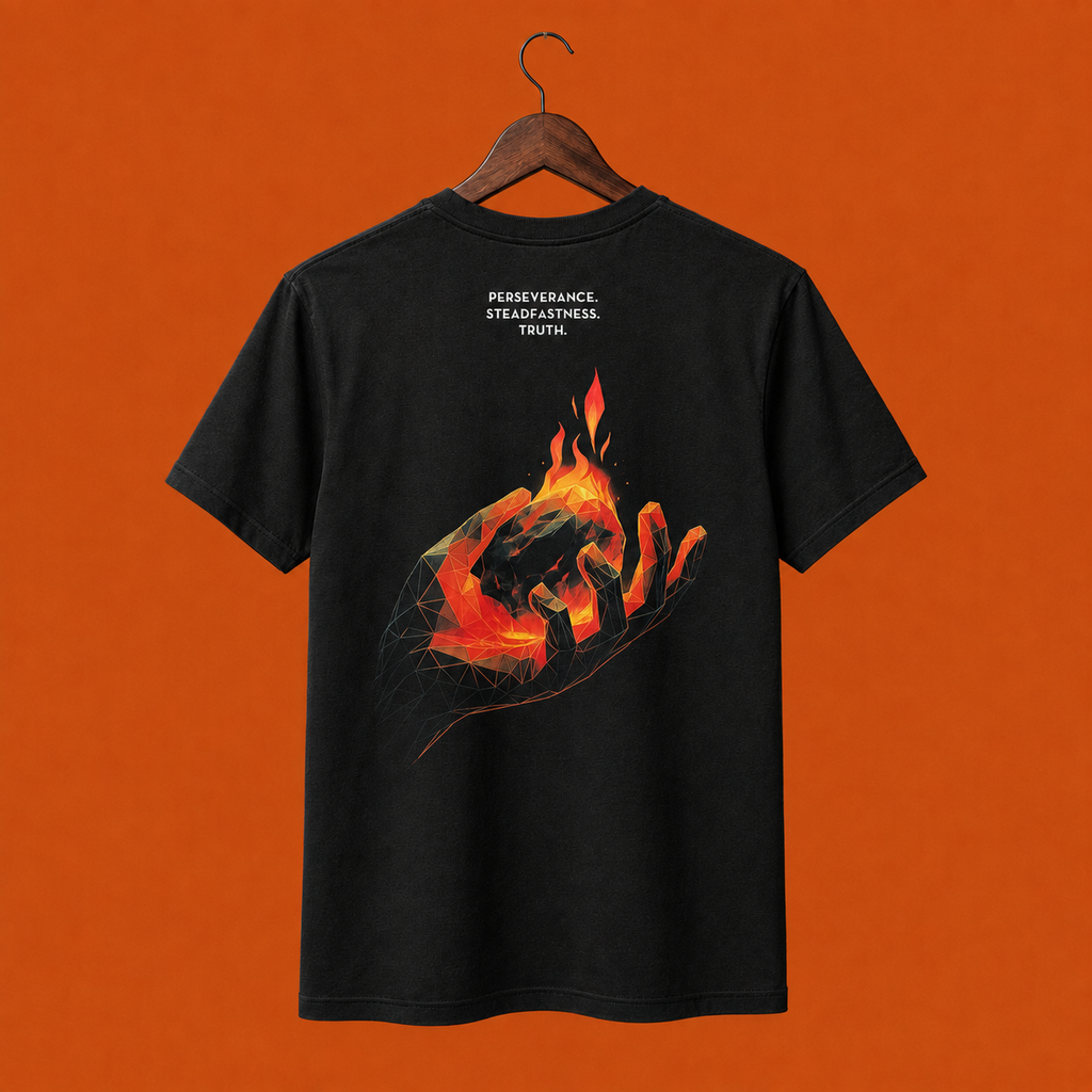 A black short-sleeve t-shirt hanging on a wooden hanger. The back of the shirt features a graphic print of a geometric styled hand holding a burning ember with the words Perseverance, Steadfastness and Truth white text above the graphic.