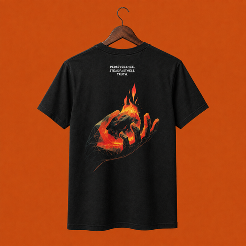 A black short-sleeve t-shirt hanging on a wooden hanger. The back of the shirt features a graphic print of a geometric styled hand holding a burning ember with the words Perseverance, Steadfastness and Truth white text above the graphic.